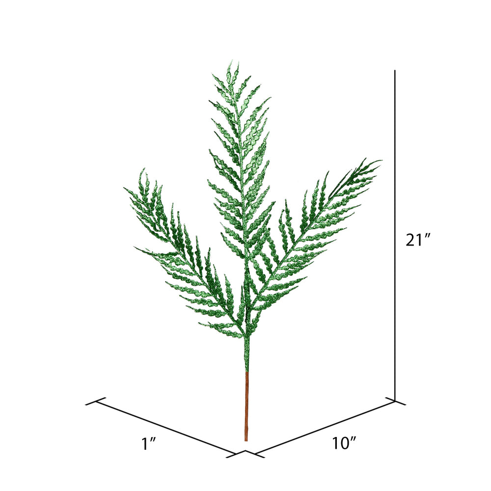 Vickerman 21" Green Glitter Feather Fern Artificial Christmas Spray. Includes 12 sprays per pack.