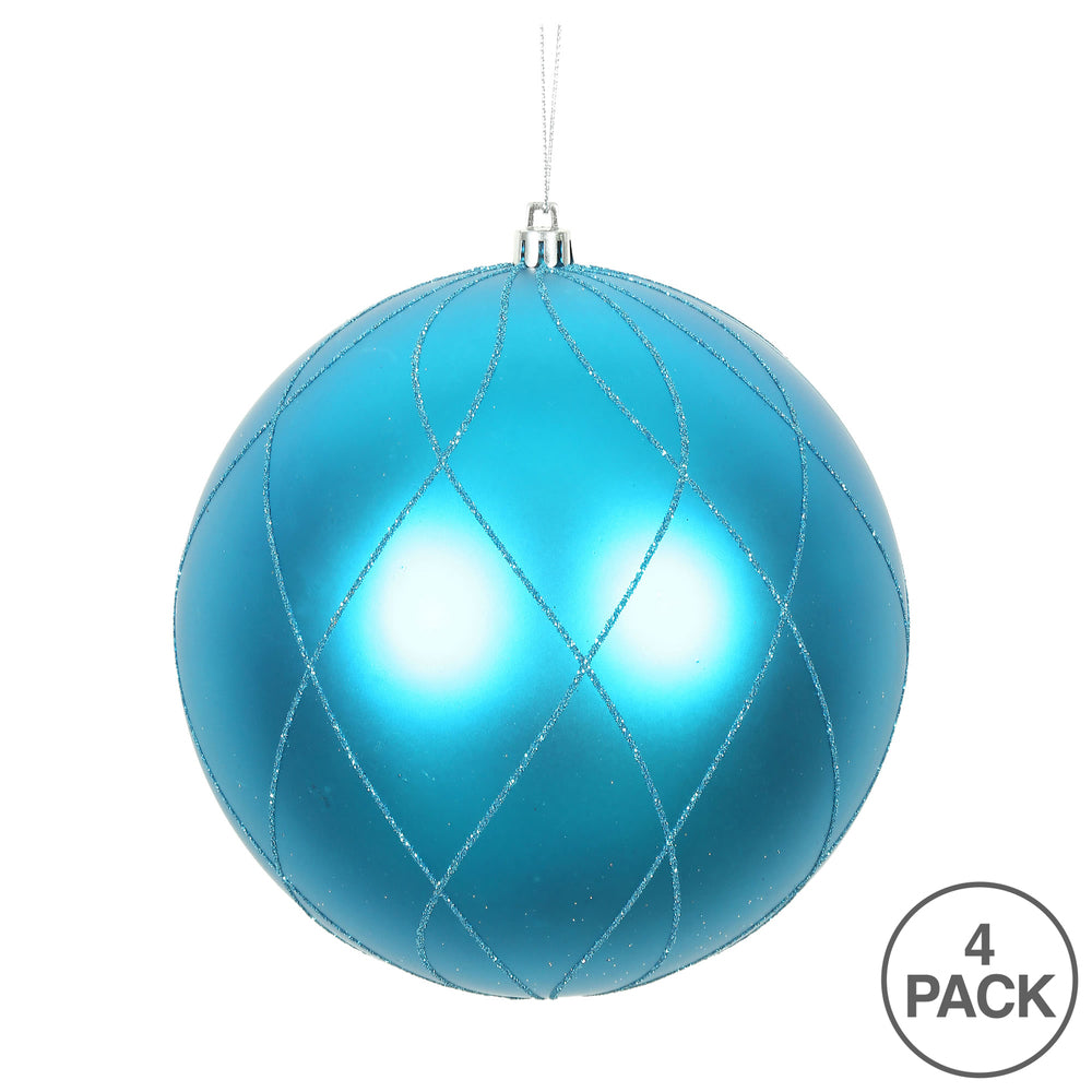 Vickerman 4" Turquoise Matte and Glitter Swirl Ball Ornament 4 per Box