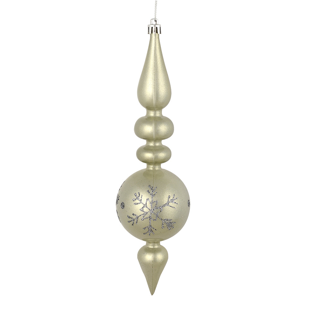 Vickerman 10 by 2.4" Limestone Candy Glitter Snowflake Finial 4/Bag. Add some sparkle and shine to your holiday decorating projects with this 10 inch finial ornament. Made with shatterproof plastic. Ornament has a drilled cap secured with green floral wir