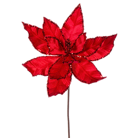 Vickerman 24" Red Velvet Sequin Trim Poinsettia 3 per bag.
