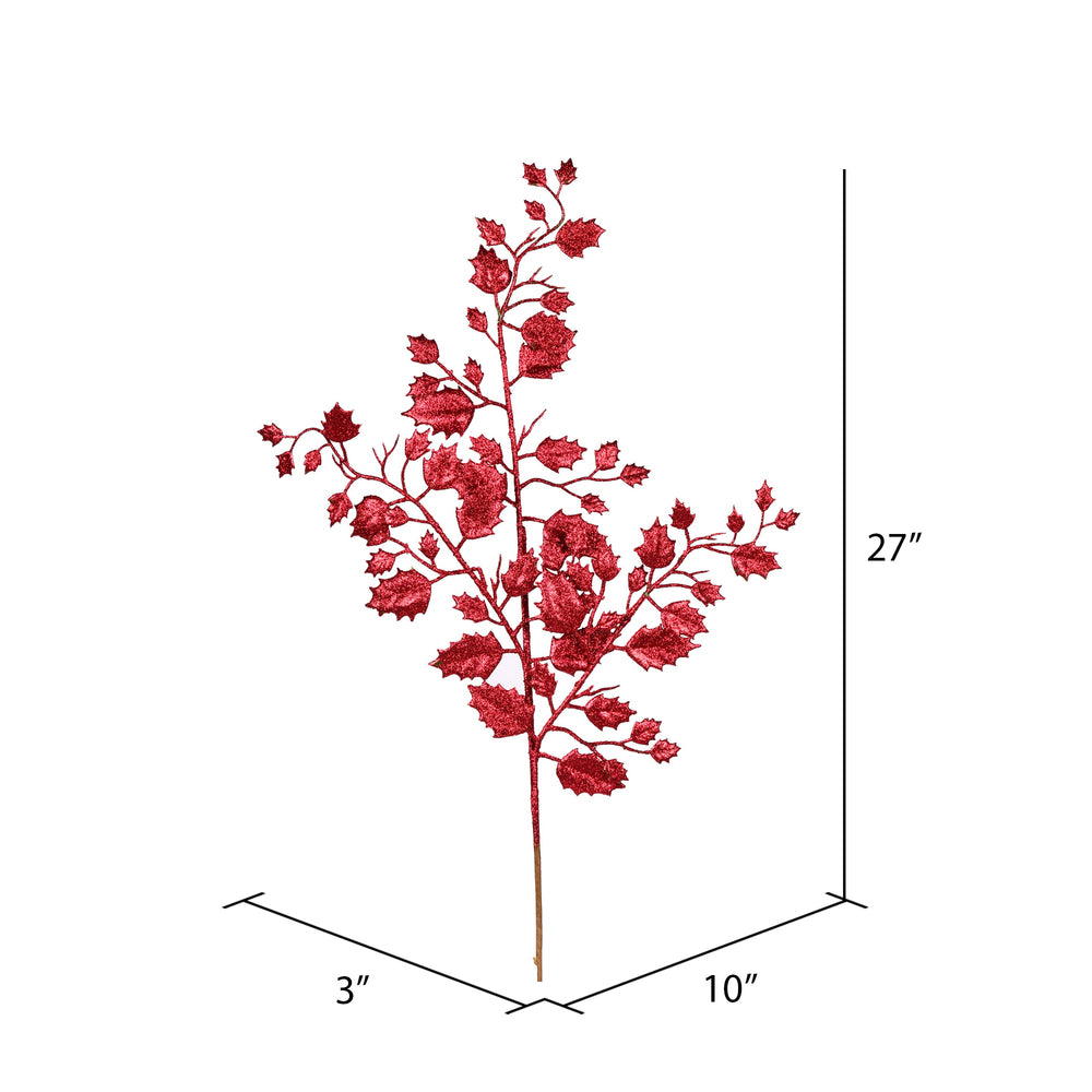Vickerman 27" Burgundy Glitter Holly Leaf Artificial Christmas Spray. Includes 12 sprays per pack.