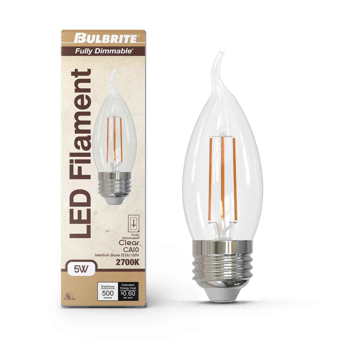 Bulbrite 776969 5W LED CA10 2700K FILAMENT E26 FULLY COMPATIBLE DIMMING