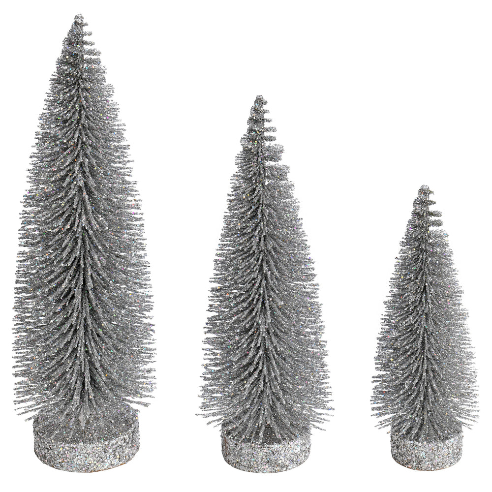 Vickerman 7"-9"-11" Silver Glitter Oval Pine Artificial Christmas Tree Set of 3