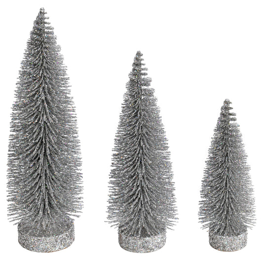 Vickerman 7"-9"-11" Silver Glitter Oval Pine Artificial Christmas Tree Set of 3