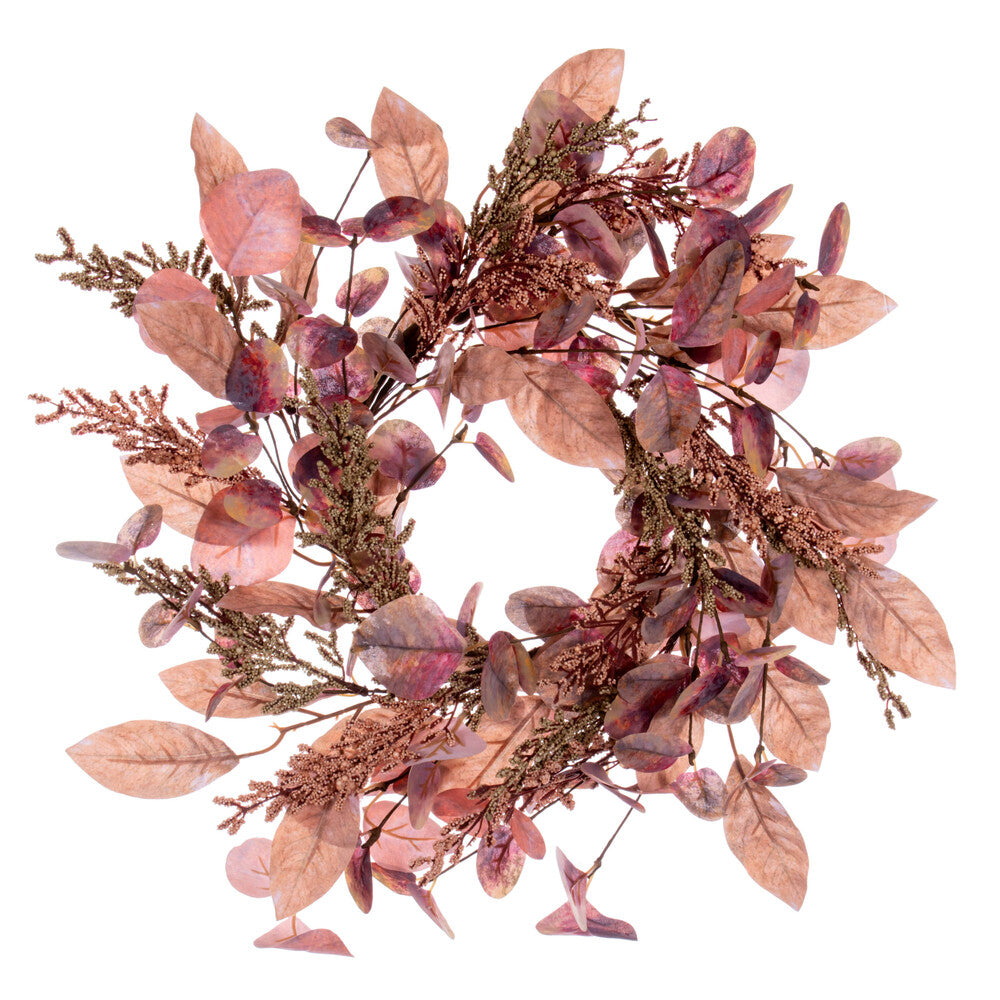 Vickerman 16" Dusty Rose Artificial Fall Eucalyptus and Berry Wreath Candle Ring