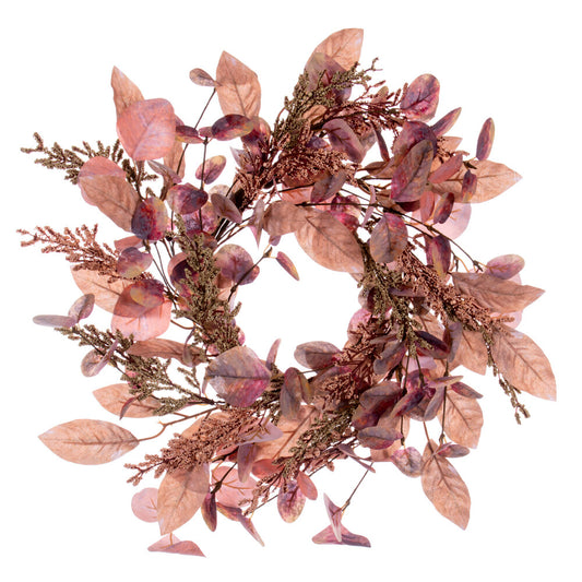 Vickerman 16" Dusty Rose Artificial Fall Eucalyptus and Berry Wreath Candle Ring