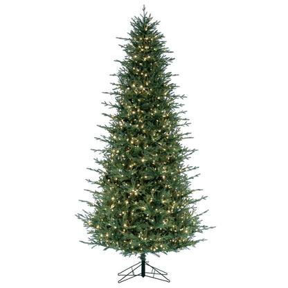 Vickerman 9.5' x 60" Slim Itasca Fraser Fir Artificial Pre-Lit Christmas Tree with 1050 Pure White LED Mini Lights, 3076 Realistic PE/PVC Tips, 6' Step On/Off Power Cord and Folding Metal Tree Stand. Assembly is required.