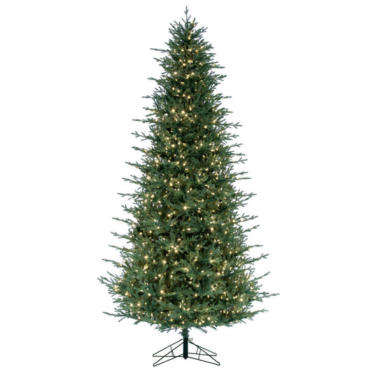 Vickerman 9.5' x 60" Slim Itasca Fraser Fir Artificial Pre-Lit Christmas Tree with 1050 Pure White LED Mini Lights, 3076 Realistic PE/PVC Tips, 6' Step On/Off Power Cord and Folding Metal Tree Stand. Assembly is required.