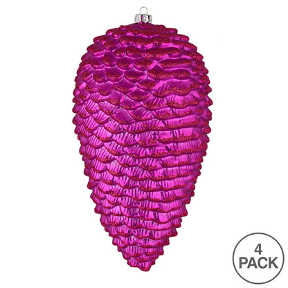 Vickerman 7" Fuchsia Matte Glitter Pinecone Christmas Ornament 4 per set