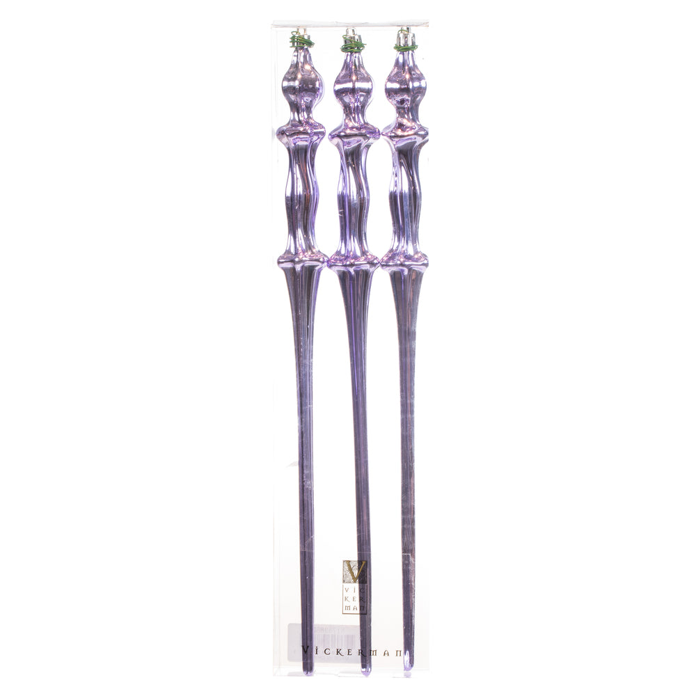 Vickerman 15.7" Lavender Shiny Icicle Ornament with drilled and wired caps. Comes 3 per Box.