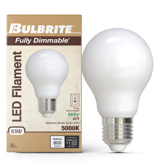 Bulbrite 862072 LED Filament Pack of (4) 8.5 Watt Dimmable A19 Light Bulb with Milky Glass Finish and Medium (E26) Base - 5000K (Soft Daylight Light), 800 Lumens