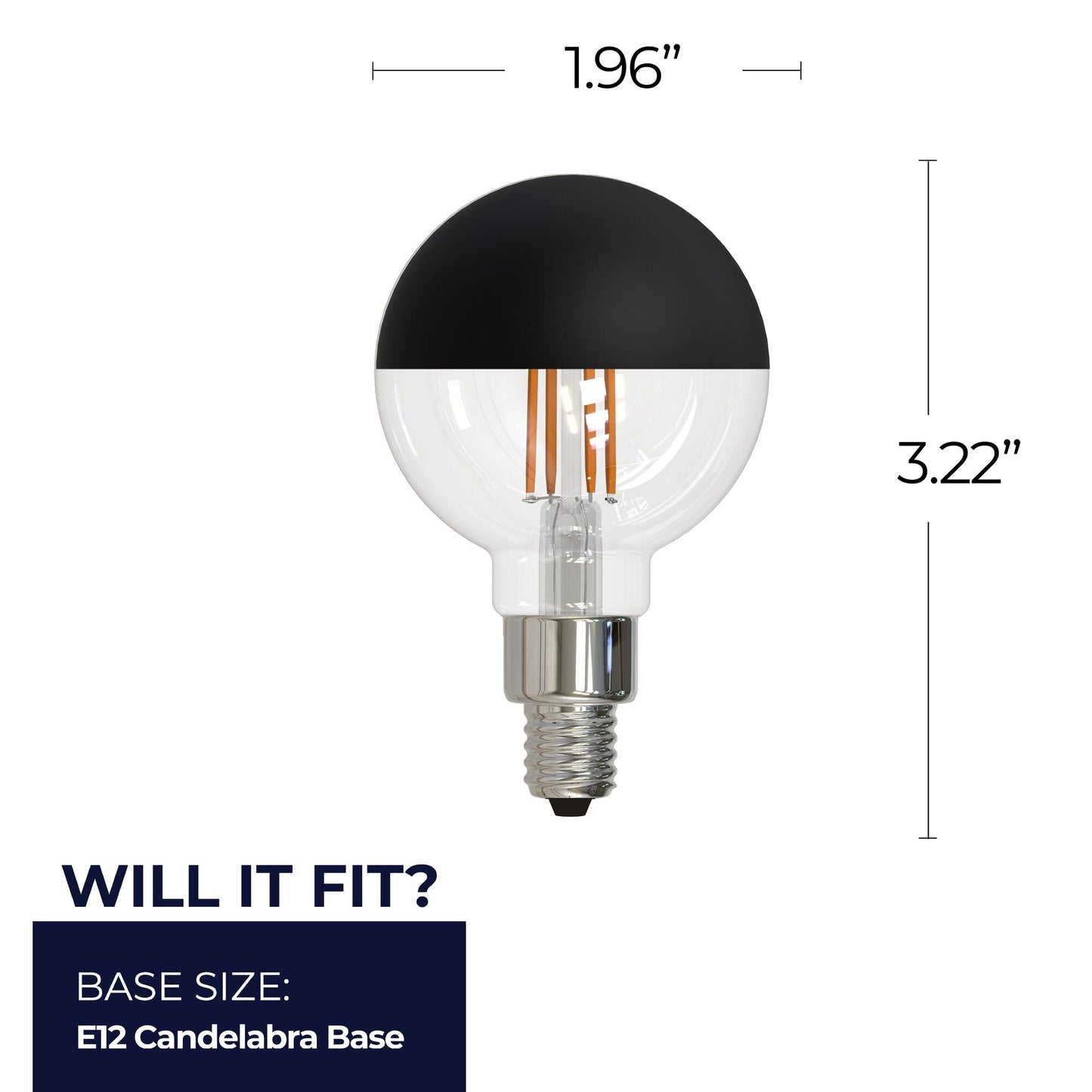 Bulbrite 862062 LED Filament Pack of (2) 2.5 Watt Dimmable G16 Light Bulb with Half Black Glass Finish and Candelabra (E12) Base - 2700K (Warm White Light), 200 Lumens