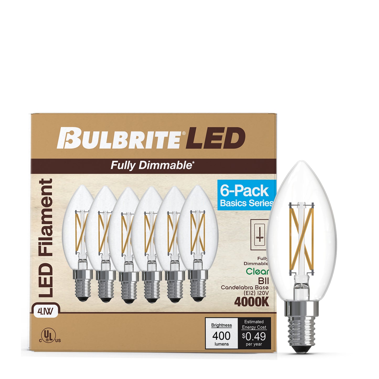Bulbrite 776231 LED Filament Pack of 6, 4.1 Watt Dimmable B11 Light Bulb with Clear Finish and Candelabra Screw E12 Base - 4000K(Cool White Light), 400 lumens