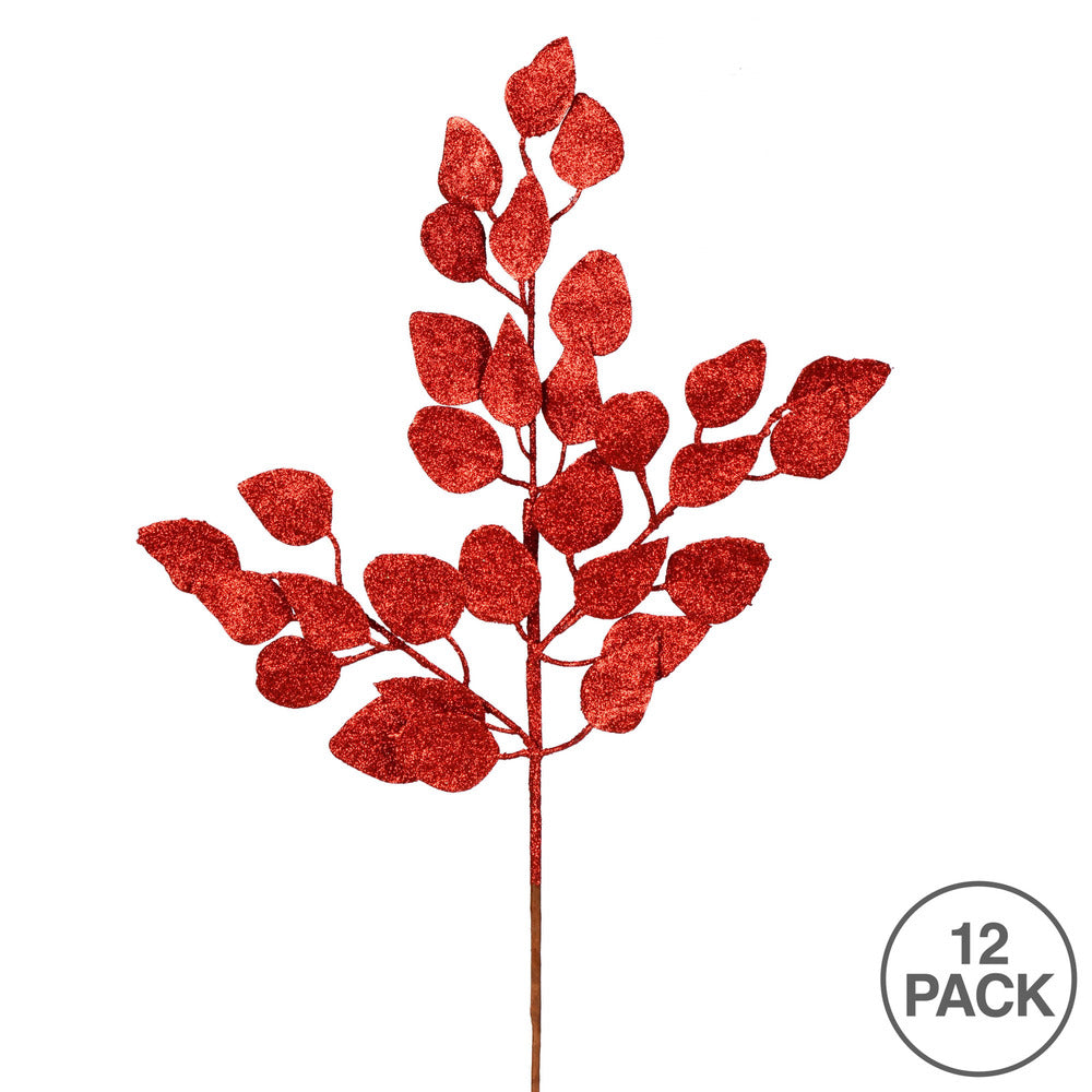 Vickerman 21" Red Glitter Ash Leaf Artificial Christmas Spray. Includes 12 sprays per pack.