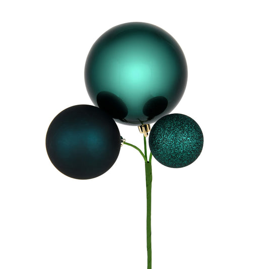 Vickerman 18" Sea Blue Orn Pick 3/Bg. This wire pick features one shiny 3.9 inch ornament one matte 2.75 inch ornament and one glitter 2 inch ornament. This small ornament pick is the perfect addition to any holiday greenery or container.