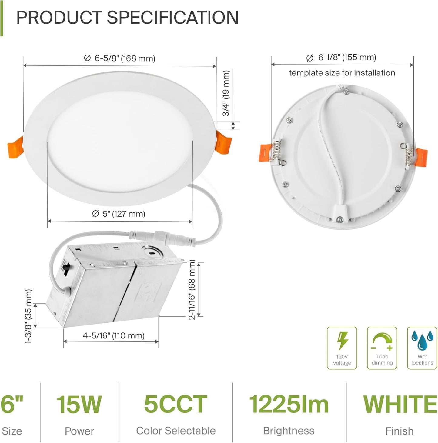 ASD Lighting LED Recessed Mini Panel Round 6inch 15W 120V Triac 2700/3000/3500/4000/5000K White UL Energy Star 12 pack