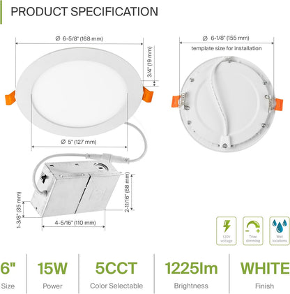 ASD Lighting LED Recessed Mini Panel Round 6inch 15W 120V Triac 2700/3000/3500/4000/5000K White UL Energy Star 12 pack