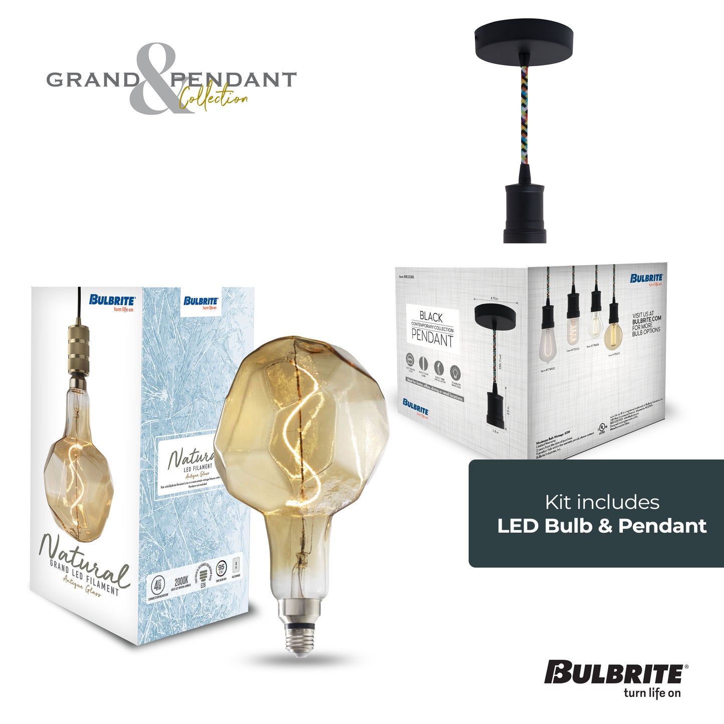 Bulbrite LED Grand Bulb and Pendant Kit of (1) 4 Watt Antique Glass 12" Jewel Shaped Bulb and (1) Black Open Socket Pendant on Multicolor Fabric Braided Cord - 2000K (Amber Light)