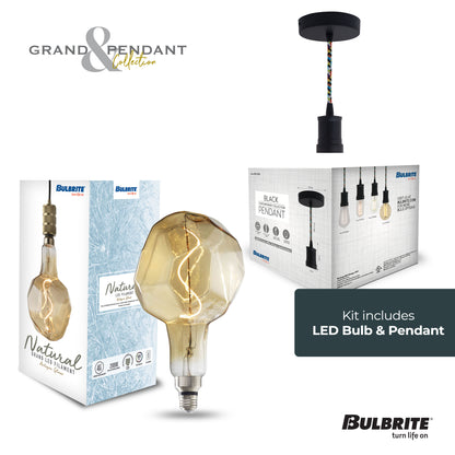 Bulbrite LED Grand Bulb and Pendant Kit of (1) 4 Watt Antique Glass 12" Jewel Shaped Bulb and (1) Black Open Socket Pendant on Multicolor Fabric Braided Cord - 2000K (Amber Light)