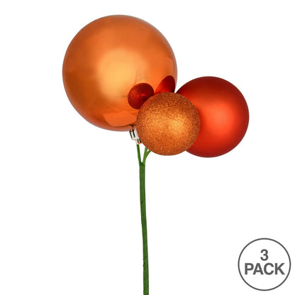 Vickerman 18" Burnish Orange Ball Ornament Christmas Pick Set of 3