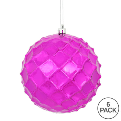 Vickerman 4" Fuchsia Shiny Diamond Bauble Christmas Ornament 6 per Bag
