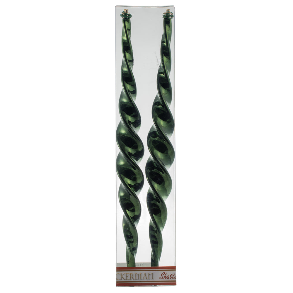 Vickerman 14.6" Moss Green Shiny Spiral Icicle Ornament with drilled and wired caps. Comes 2 per Box.