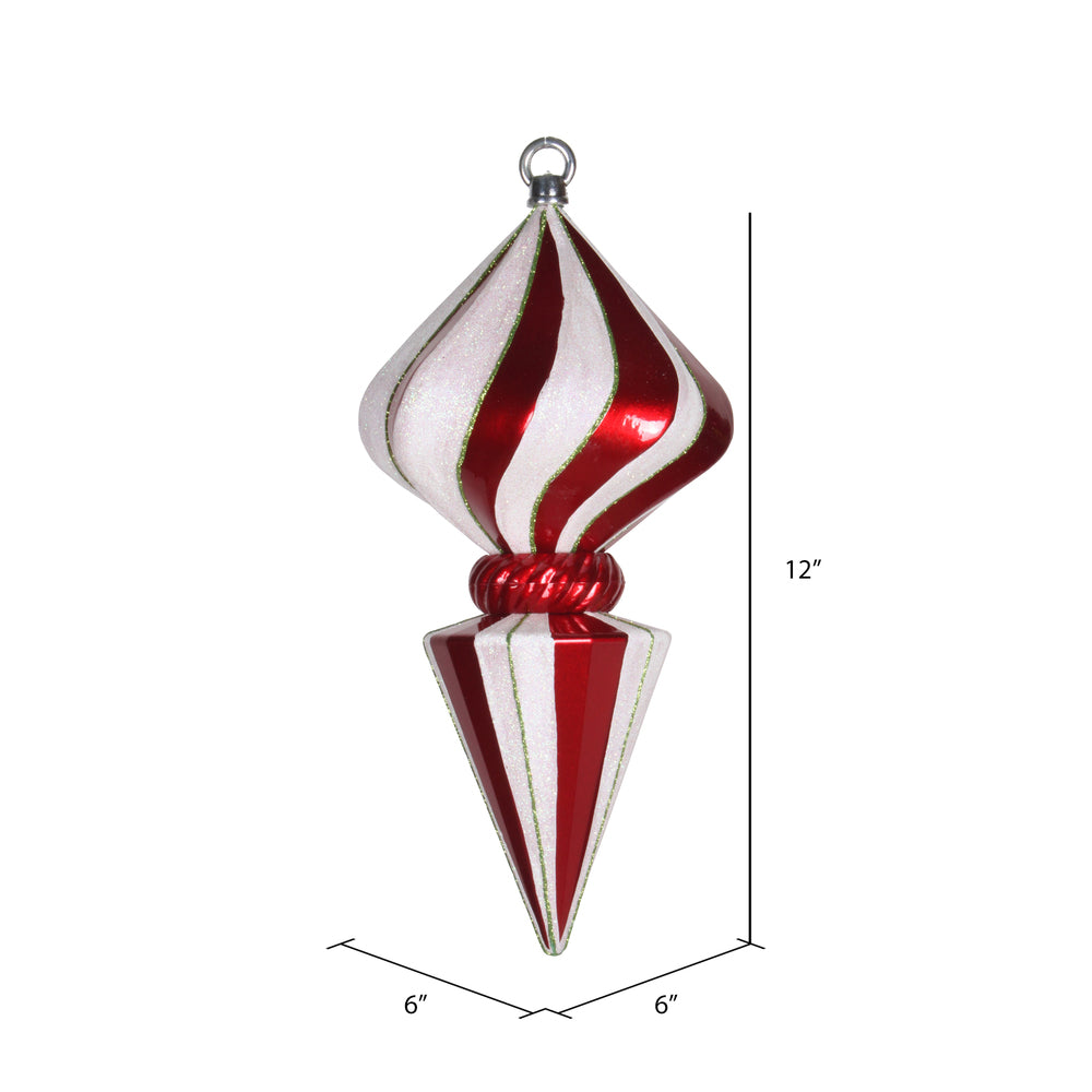 Vickerman 12" Red and White Striped Shiny Diamond Finial Ornament with Glitter Accents