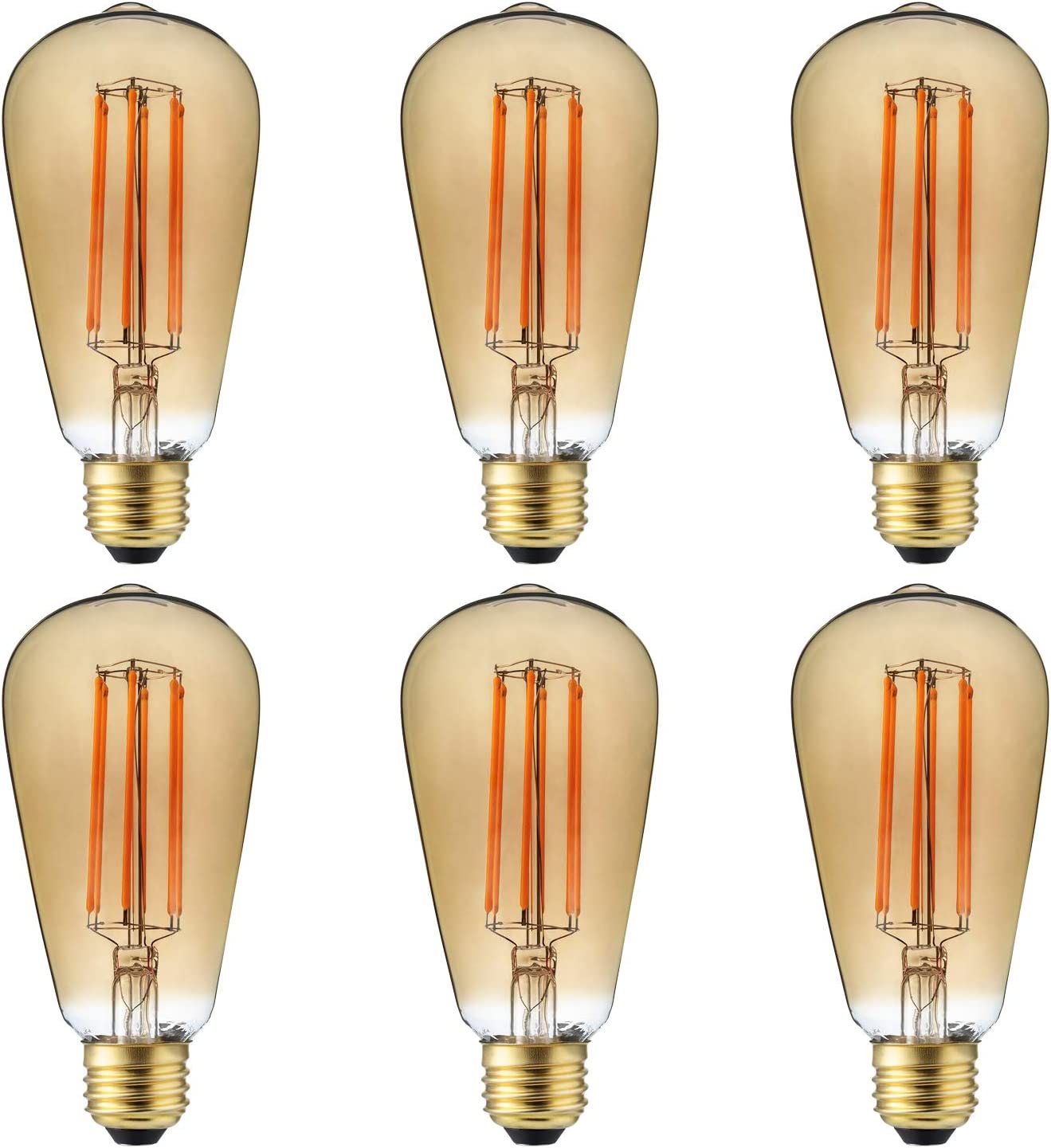 Sunlite 80894-SU LED ST19 Filament Style Edison Light Bulb 6 Watts (40W Equivalent), 450 Lumens, Medium Base (E26), Dimmable, UL Listed, 1 Pack 2200K - Warm White, Pack of 6