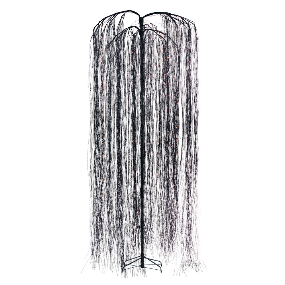 Vickerman 10' x 45" Black Willow Twig Artificial Pre-Lit Halloween Tree with 374 Purple and Orange LED Dot Lights. It measures 120 inches tall, and 45 inches wide, with the branches shaped about parallel to the floor. Pre-lit with 374 Dot LED Lights, the