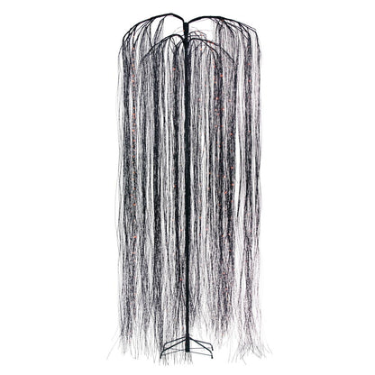 Vickerman 10' x 45" Black Willow Twig Artificial Pre-Lit Halloween Tree with 374 Purple and Orange LED Dot Lights. It measures 120 inches tall, and 45 inches wide, with the branches shaped about parallel to the floor. Pre-lit with 374 Dot LED Lights, the