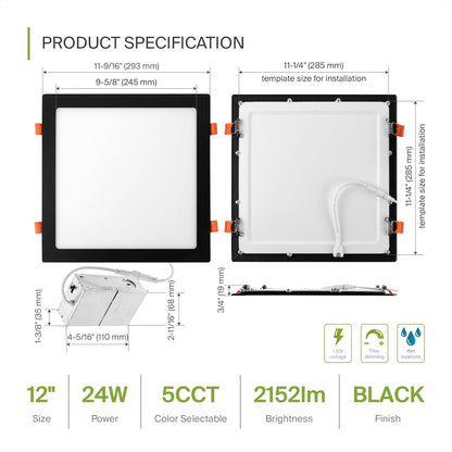 ASD Lighting LED Recessed Mini Panel Square 12inc 24W 120V Triac 2700/3000/3500/4000/5000K Black UL