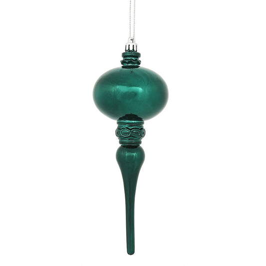 Vickerman 8" x 2.75" Sea Blue Shiny Finial Ornament with drilled and wired caps. Comes 3 per Bag.