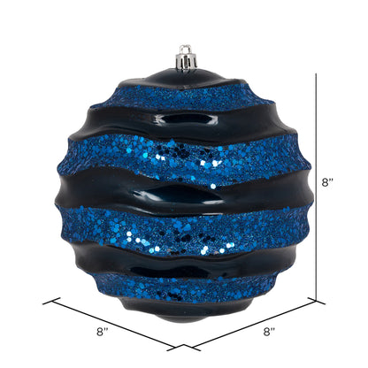 Vickerman 6" Midnight Blue Stripe Candy Finish Wave Ball Christmas Ornament with Glitter Accents