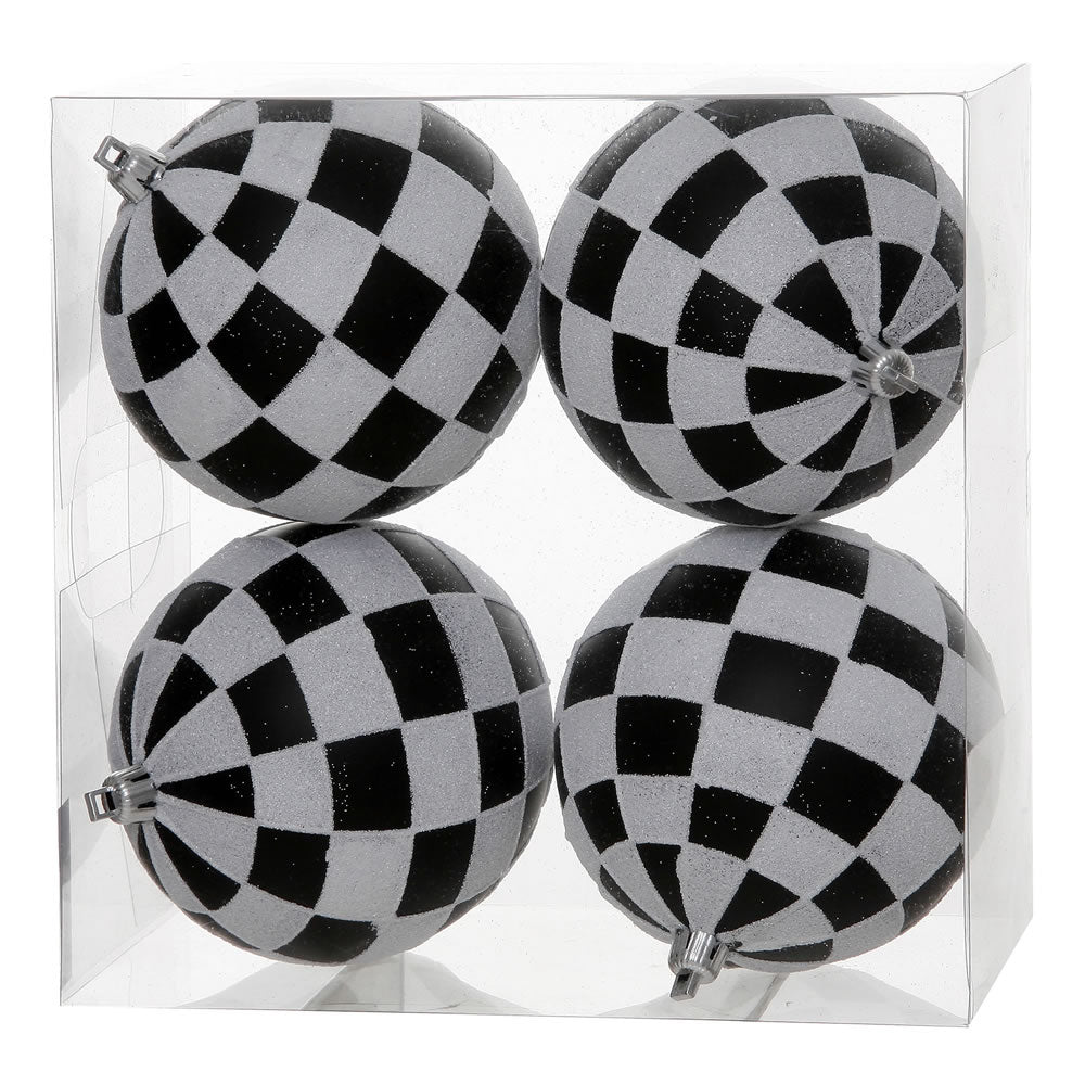 Vickerman 4" Black-White Checker Glitter Ball Christmas Ornament 4 per Box