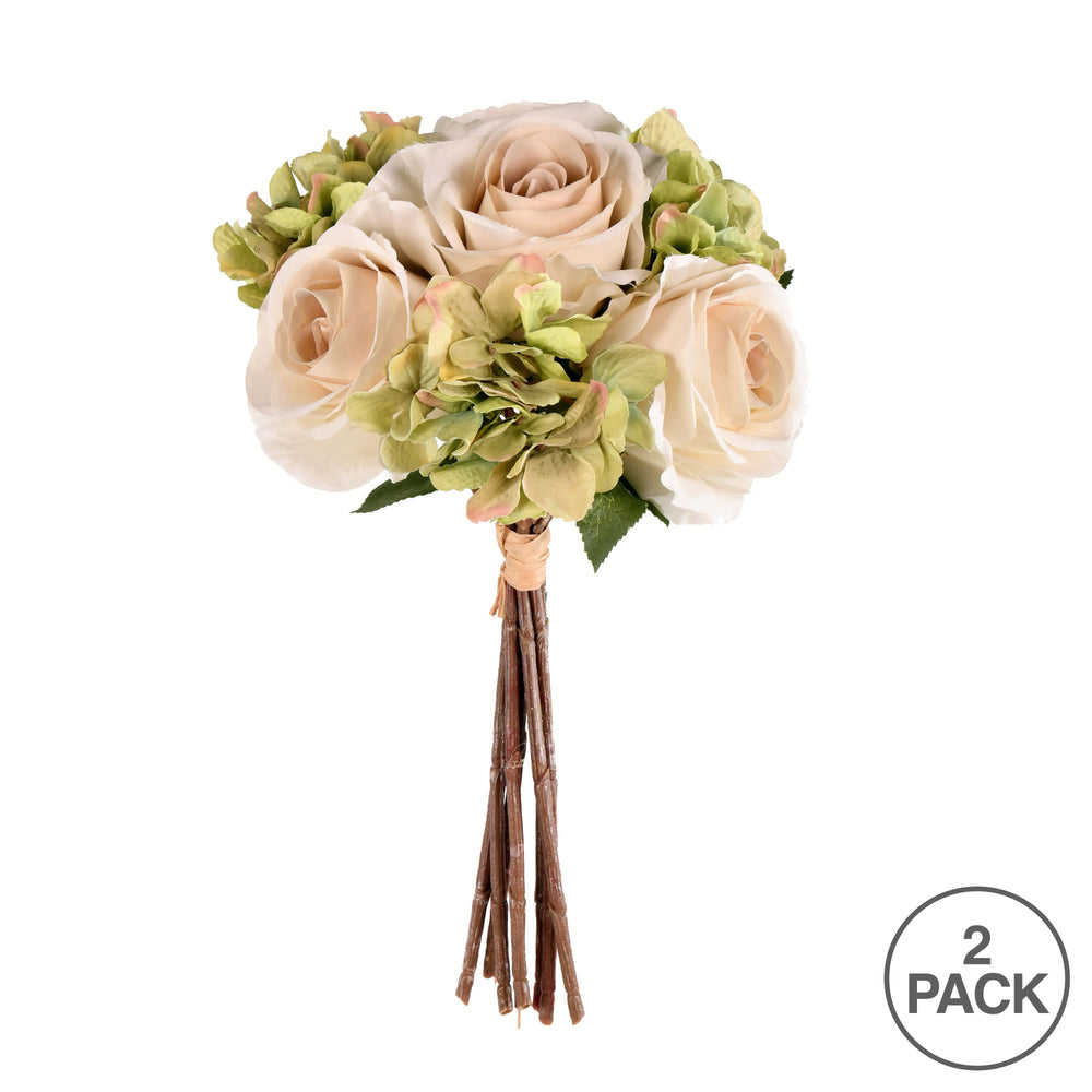 Vickerman 13" Artificial Green Ivory Rose Hydrangea Bouquet Pack of 2