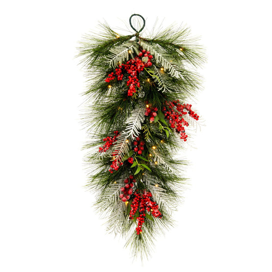 Vickerman 30" Frosted Artificial Christmas TearDrop with Red Berries Frosted Foliage and Battery Operated Lights