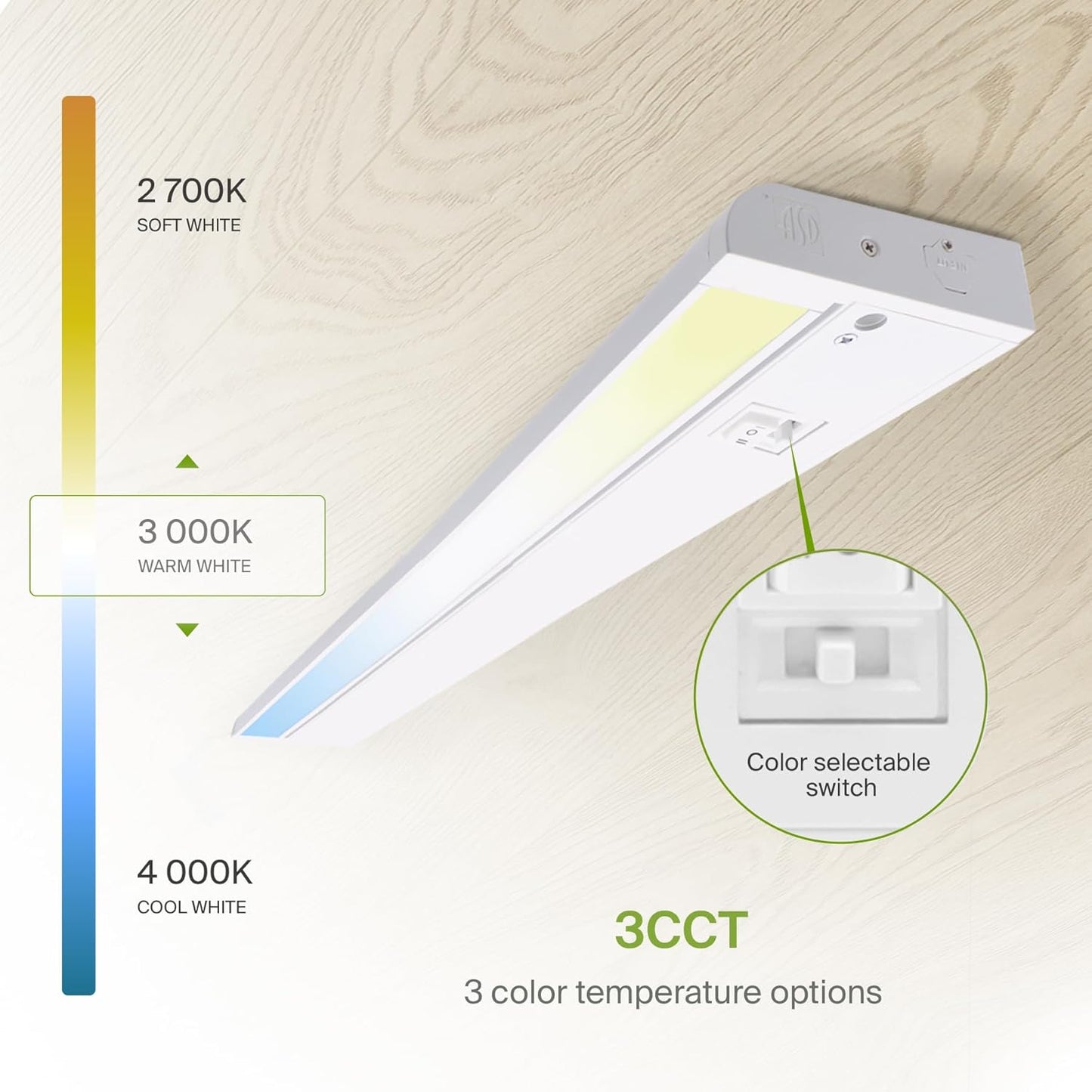 ASD Lighting LED Under Cabinet Swivel 40" 20W 120V Dimmable CCT Selectable 2700/3000/4000K Hardwired or Plug-in, Linkable, Hi/Low Switch, White UL