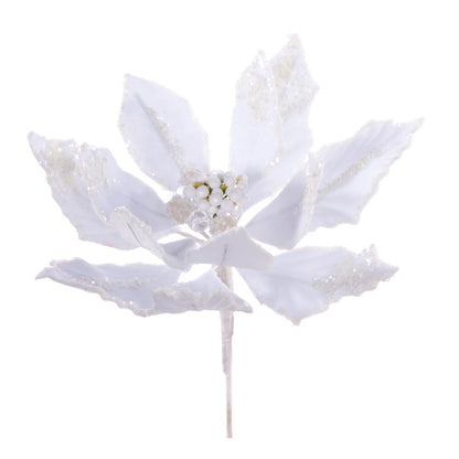 Vickerman 9" Artificial White Double Sided Velvet Poinsettia Christmas Pick 2 per bag