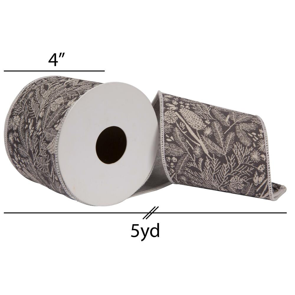 Vickerman 4" x 5 Yards Gray Jairo Jacquard Double Fused Lining Ribbon.