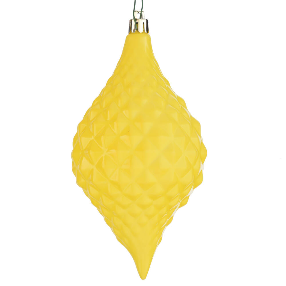 6" x 3" Yellow Shiny Diamond Drop Ornament with drilled and wired caps. Comes 4/bag.