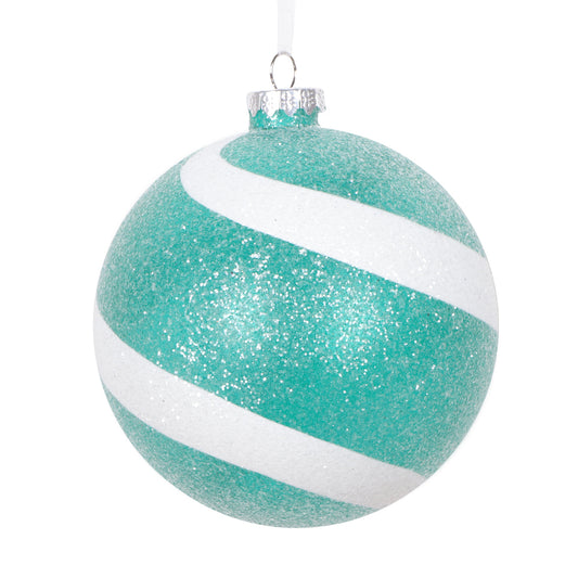 Vickerman 4.75" Teal and White Swirl Sugar Glitter Ball Ornament 3 per bag.