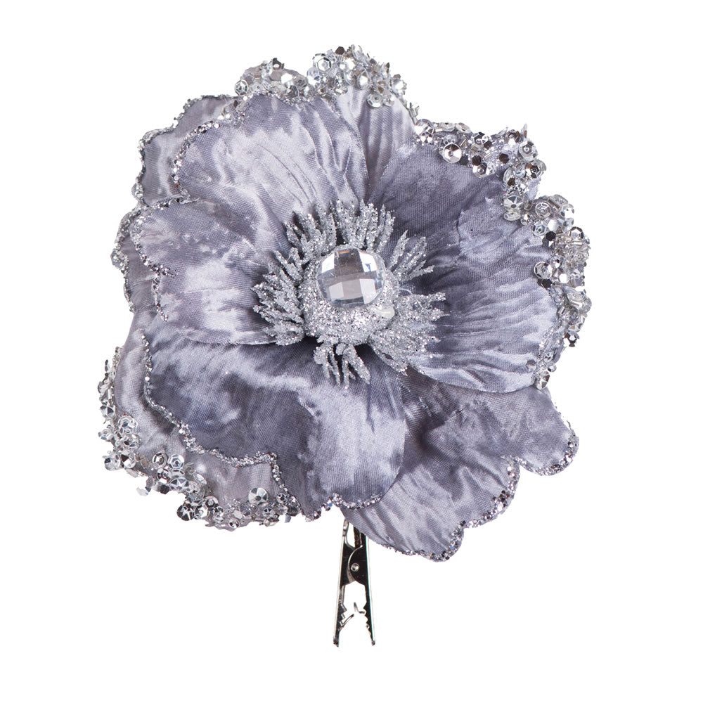 Vickerman 5" Artificial Silver Polyester Wild Poppy Head with Sequin Glitter and Clip pack of 3
