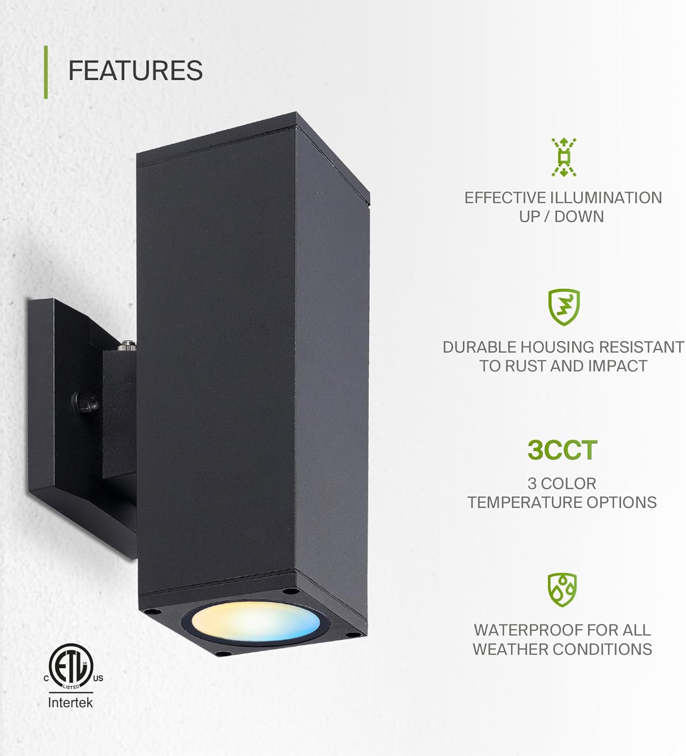 ASD Lighting LED Outdoor Wall Cylinder Square Up and Down 18W 120V 3000/4000/5000K with Photocell Black ETL