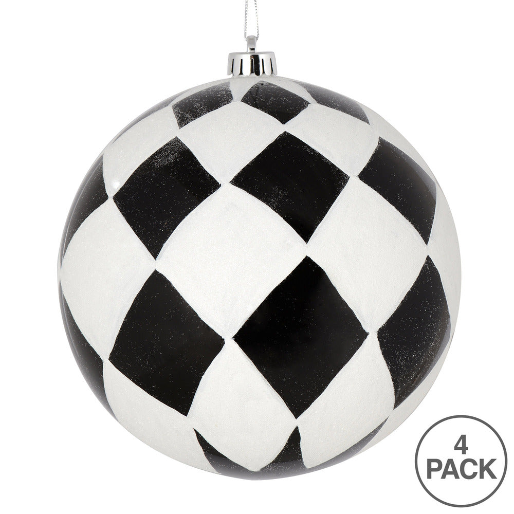 Vickerman 4.75" Black Ball with White Diamond Glitter Christmas Ornament 4 per Bag