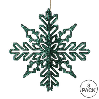 Vickerman 6" Emerald 3D Glitter Snowflake Christmas Ornament Set of 3