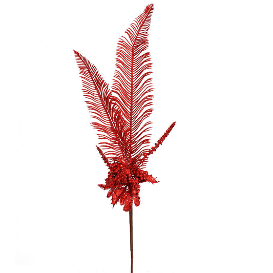 Vickerman 30" Red Glitter Fern Berry Artificial Christmas Spray. Includes 2 sprays per pack.