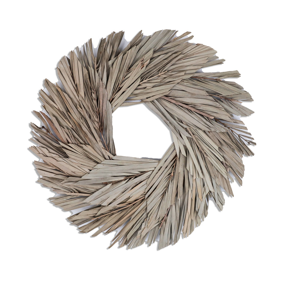 Vickerman Natural Botanicals 17" Natural Canna Leaf Wreath.  This wreath measures 17 inches in diameter. It features natural canna leaves on a coco fiber base. This is a dried and preserved natural product.
