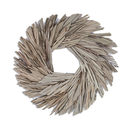 Vickerman Natural Botanicals 17" Natural Canna Leaf Wreath.  This wreath measures 17 inches in diameter. It features natural canna leaves on a coco fiber base. This is a dried and preserved natural product.