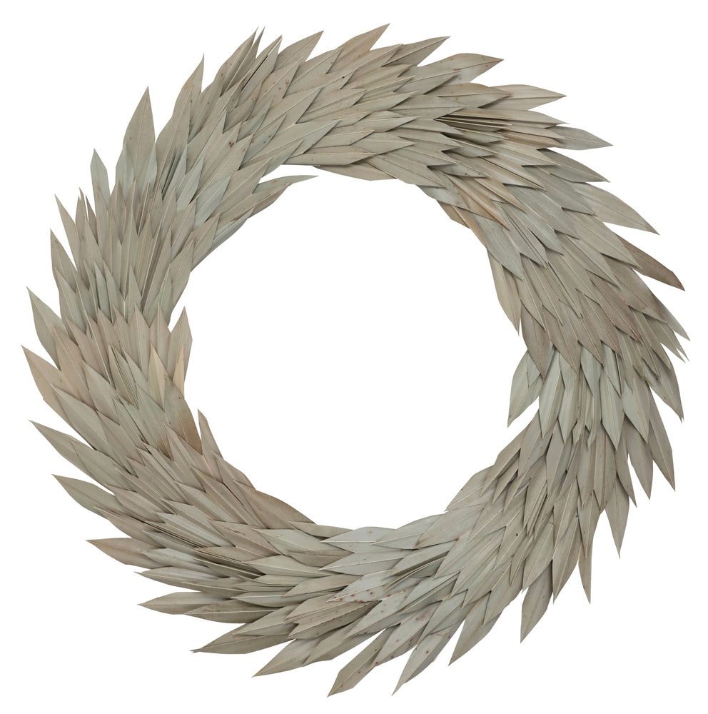 Vickerman Natural Botanicals 24" Natural Palm Sun Wreath. This wreath measures 24 inches in diameter. It features natural palm sun leaves on a coco fiber base. This is a dried and preserved natural product.