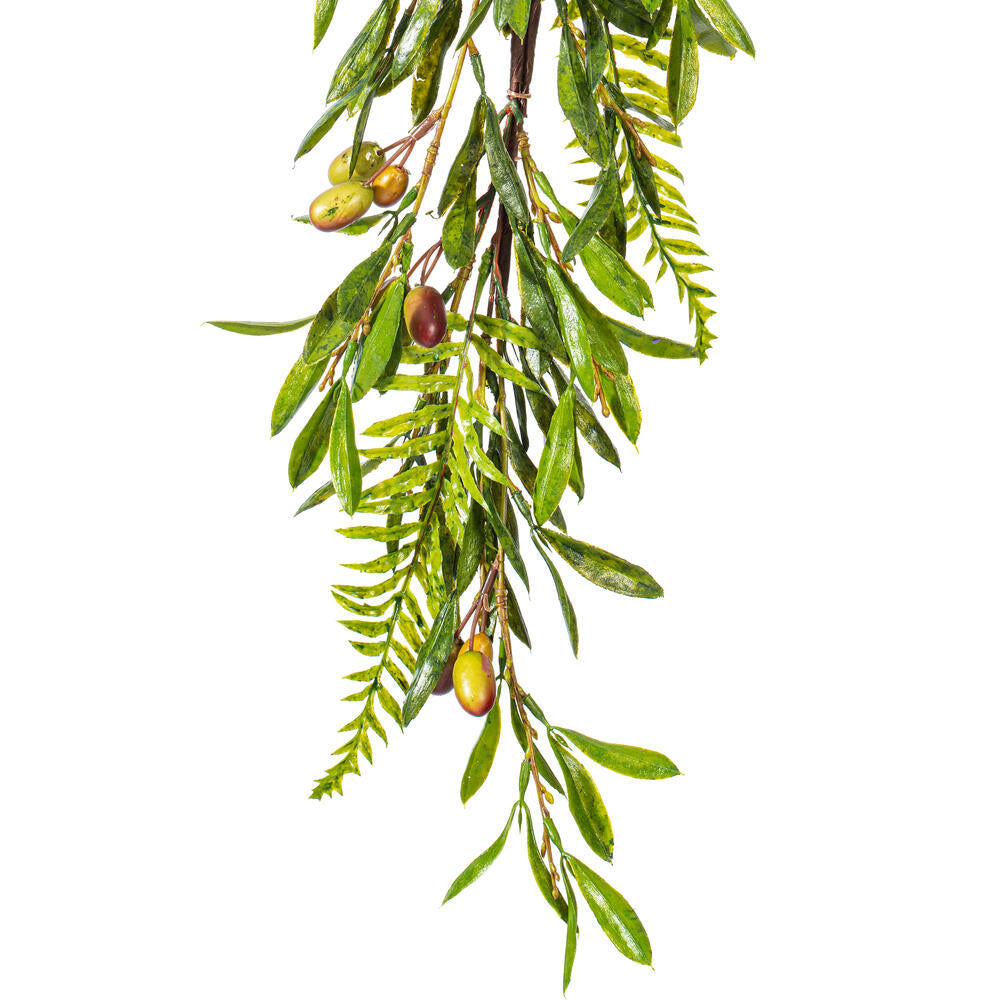 Vickerman 22" Artificial Green Olive Garland. Features green foliage with dark orange olives.